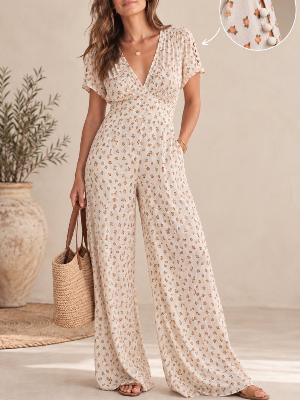 Free People Mia Peach Print Wide Leg Jumpsuit Size 2